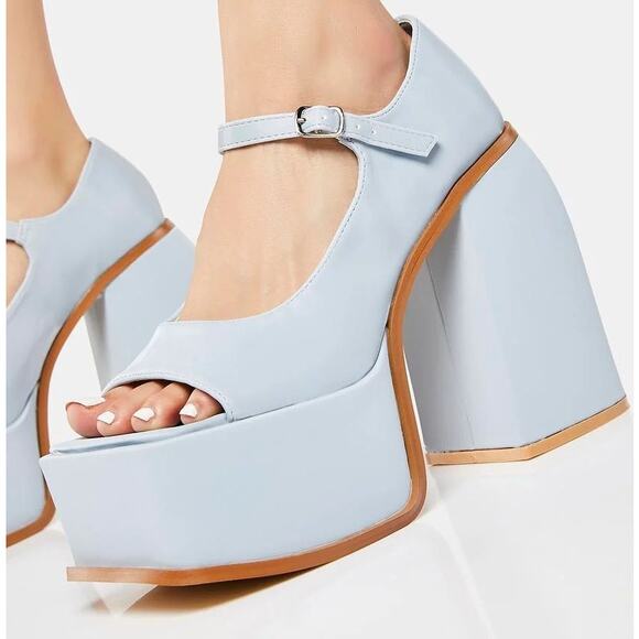 Ocho Toros Platform Heels Women 7.5 Tampico Baby Blue T-Strap Chunky Mary Jane - Picture 4 of 16